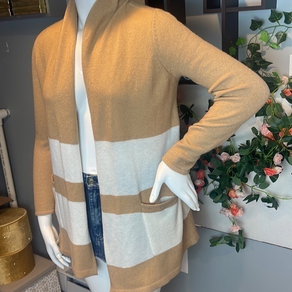 LOFT Tan & White Striped Pocket Cardigan Sweater Womens Size M RefJ023 - Picture 6 of 11